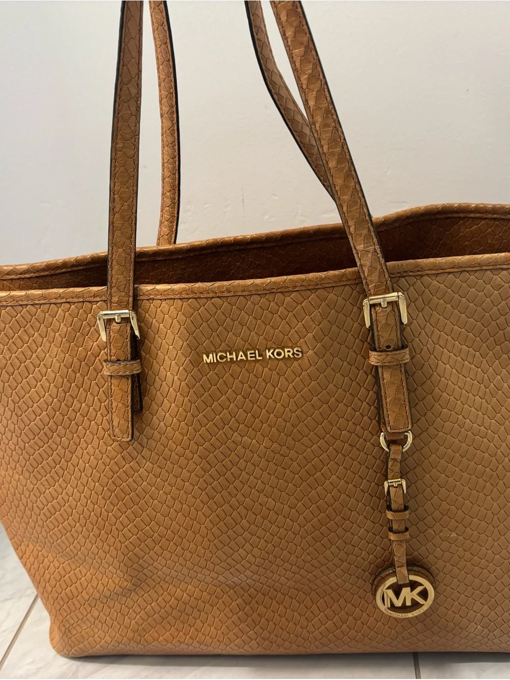 Michael Kors Cognac Embossed Leather Tote with Gold Logo